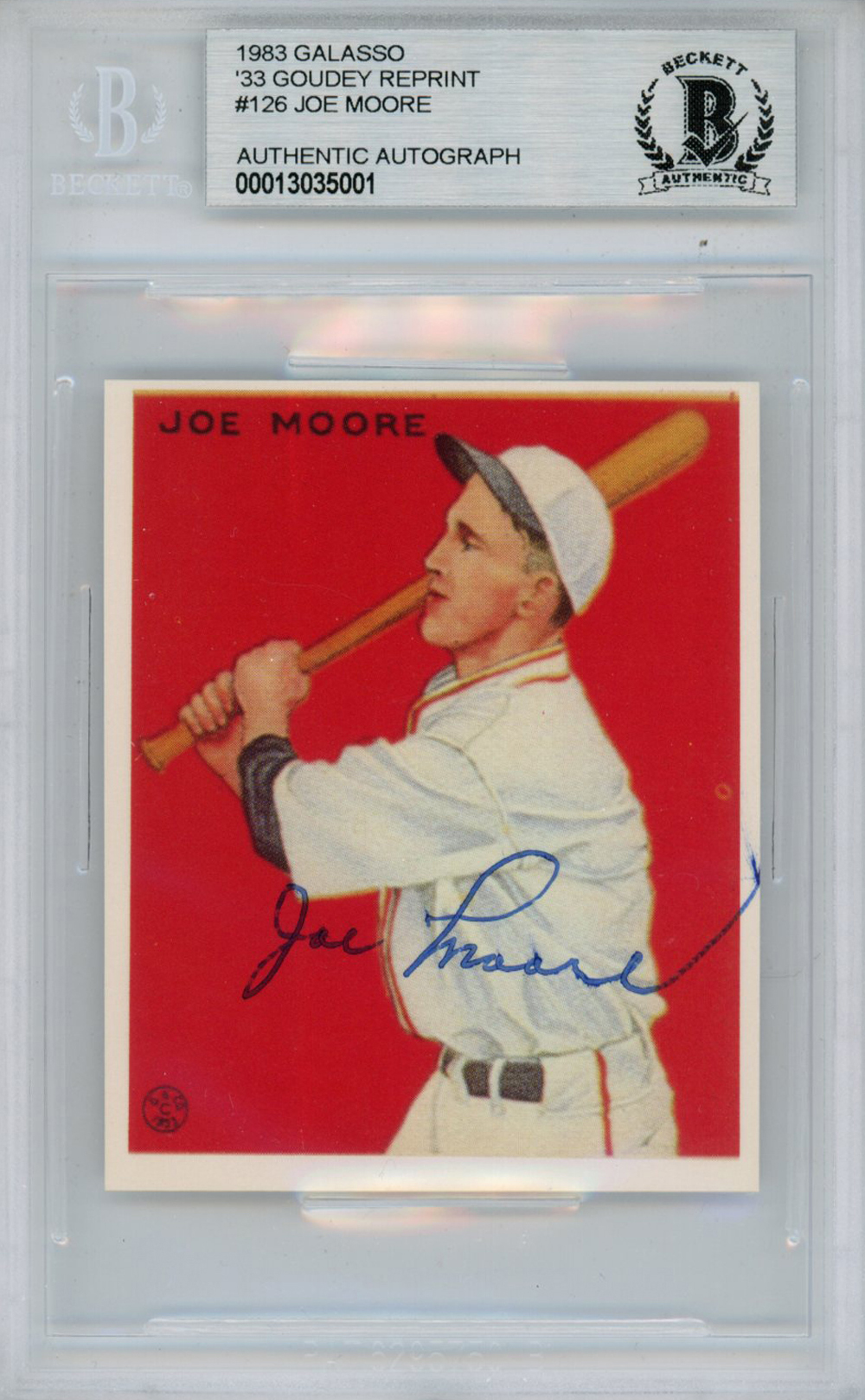 Joe Moore Signed 1983 Galasso '33 Goudey Reprint #126 Card BAS Slab