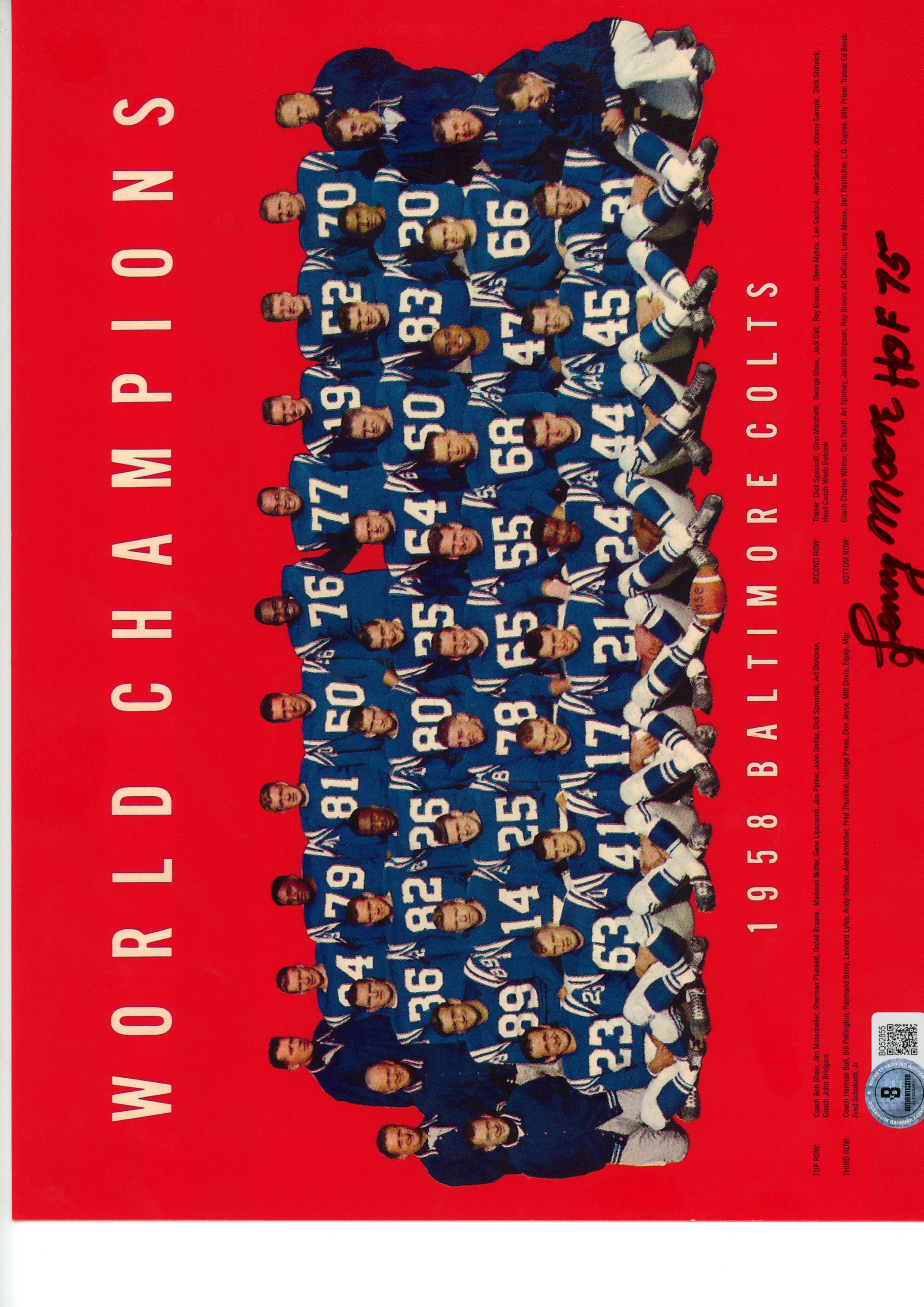Lenny Moore Autographed/Signed Baltimore Colts 9x11Photo Beckett 57470