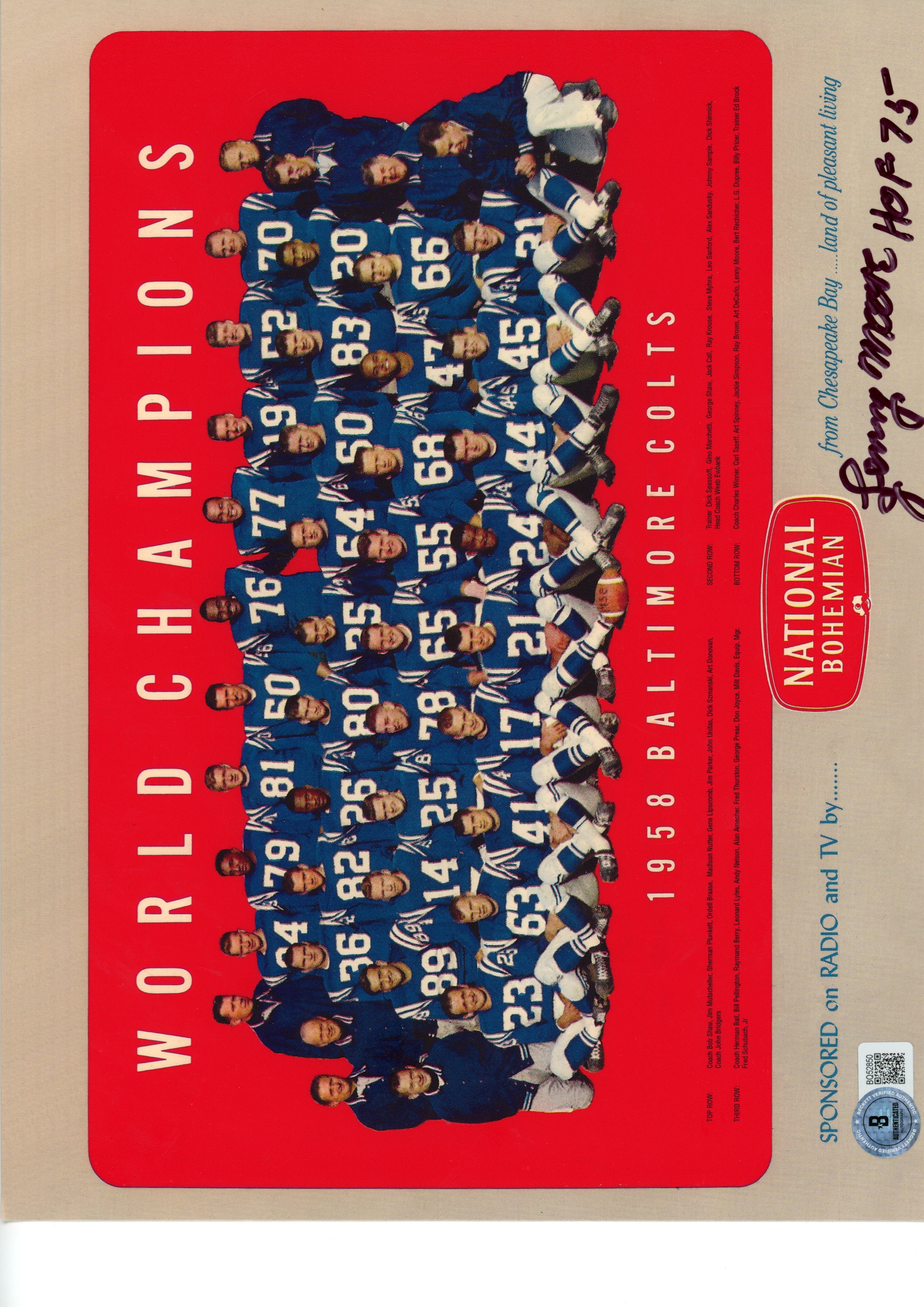 Lenny Moore Autographed/Signed Baltimore Colts 9x11Photo Beckett 57471