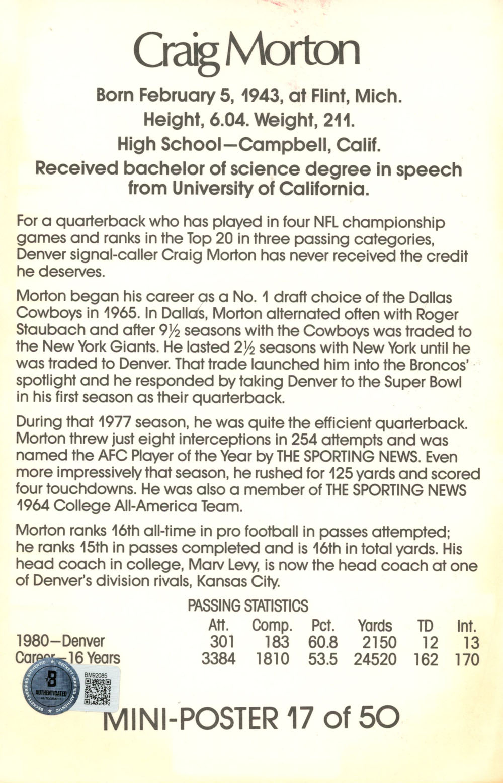 Craig Morton Signed Denver Broncos Mini Poster 17/50 Beckett 46133