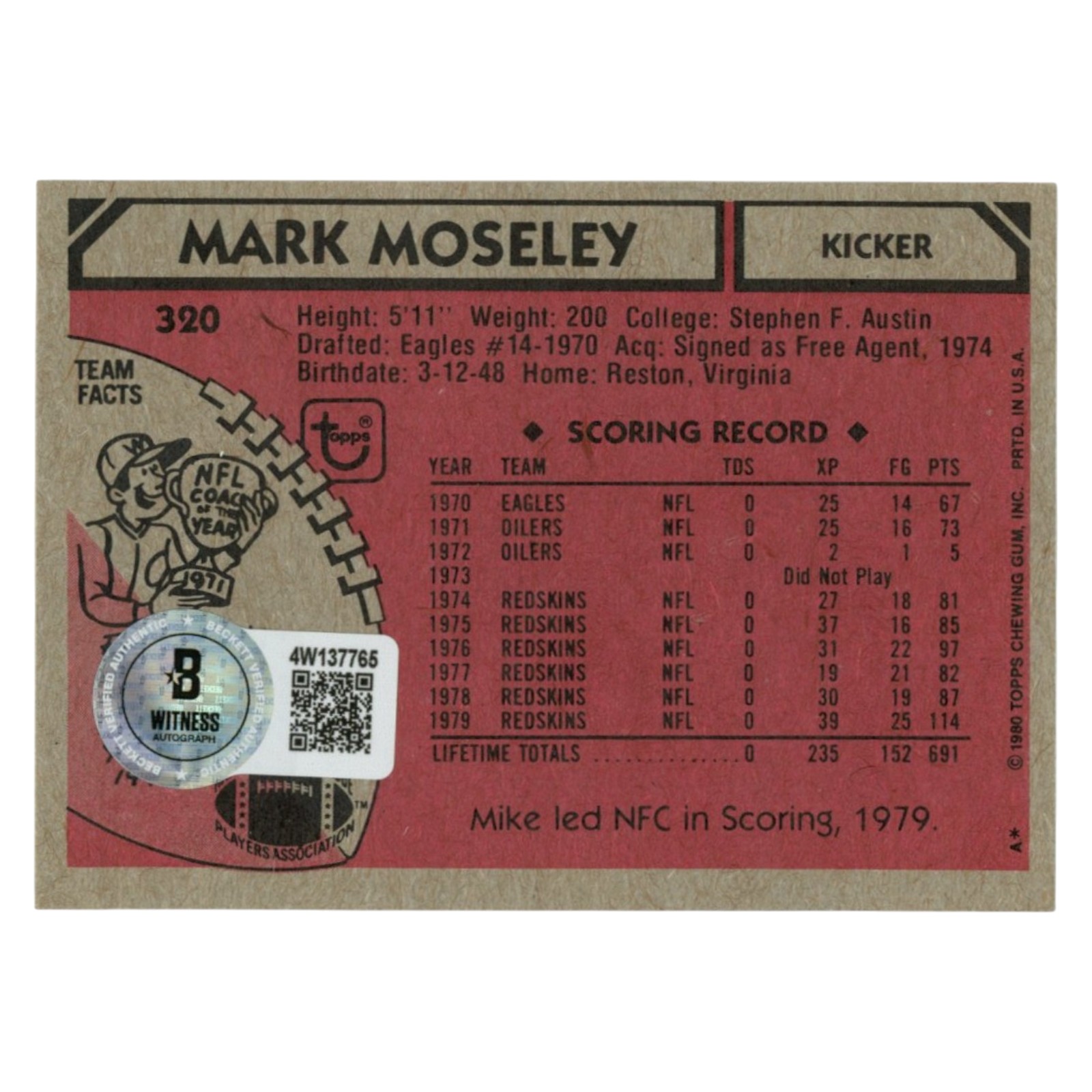Mark Moseley Autographed Washington Redskins Trading Card Beckett Witness 54714