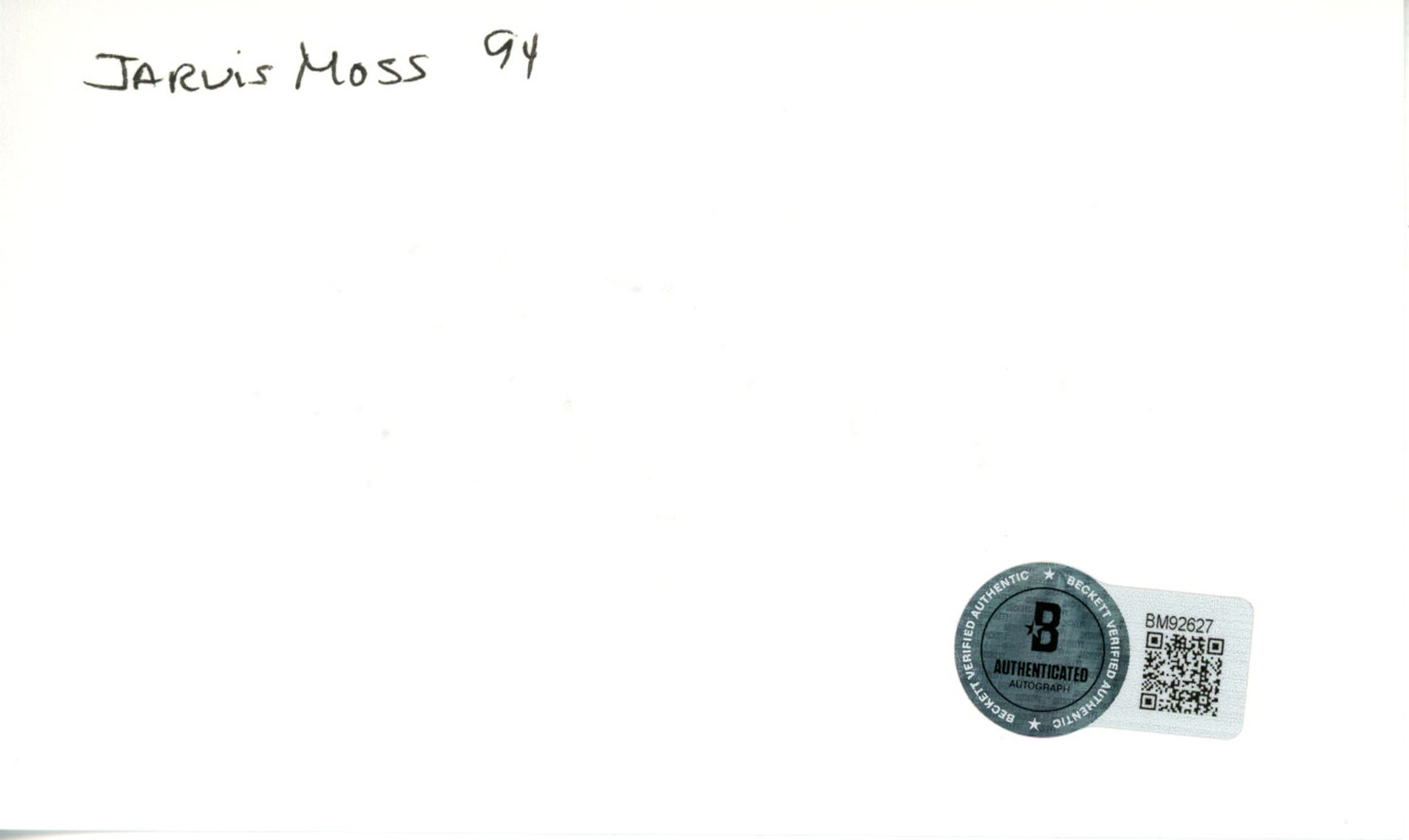 Jarvis Moss Autographed/Signed Denver Broncos Index Card BAS 45310