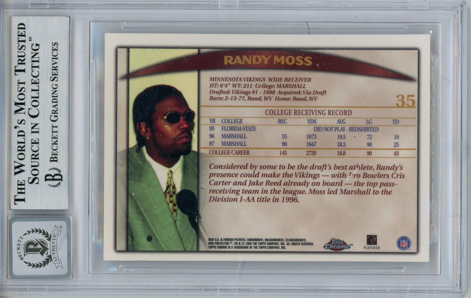 Randy Moss Autographed 1998 Topps Chrome Rooke Card HOF BAS Slab