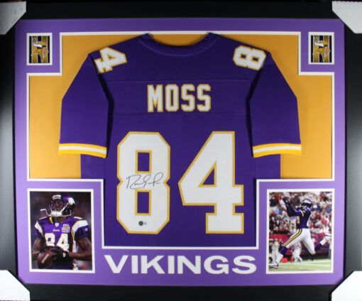 Randy Moss Autographed/Signed Pro Style Purple XL Framed Jersey Beckett 51232