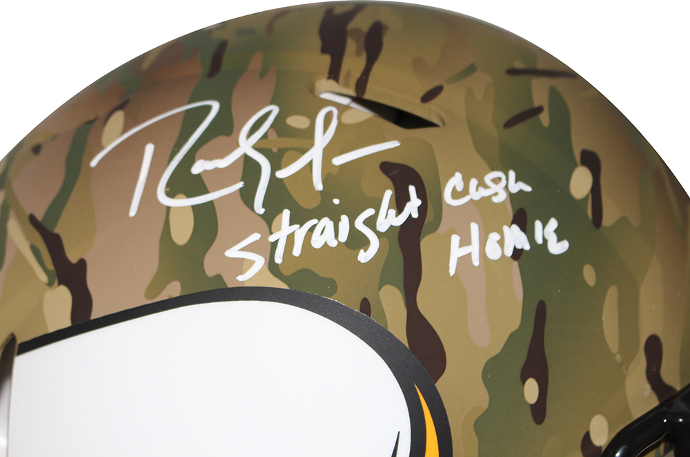 Randy Moss Signed Vikings Authentic Camo Speed Helmet Straight Cash BAS 30001