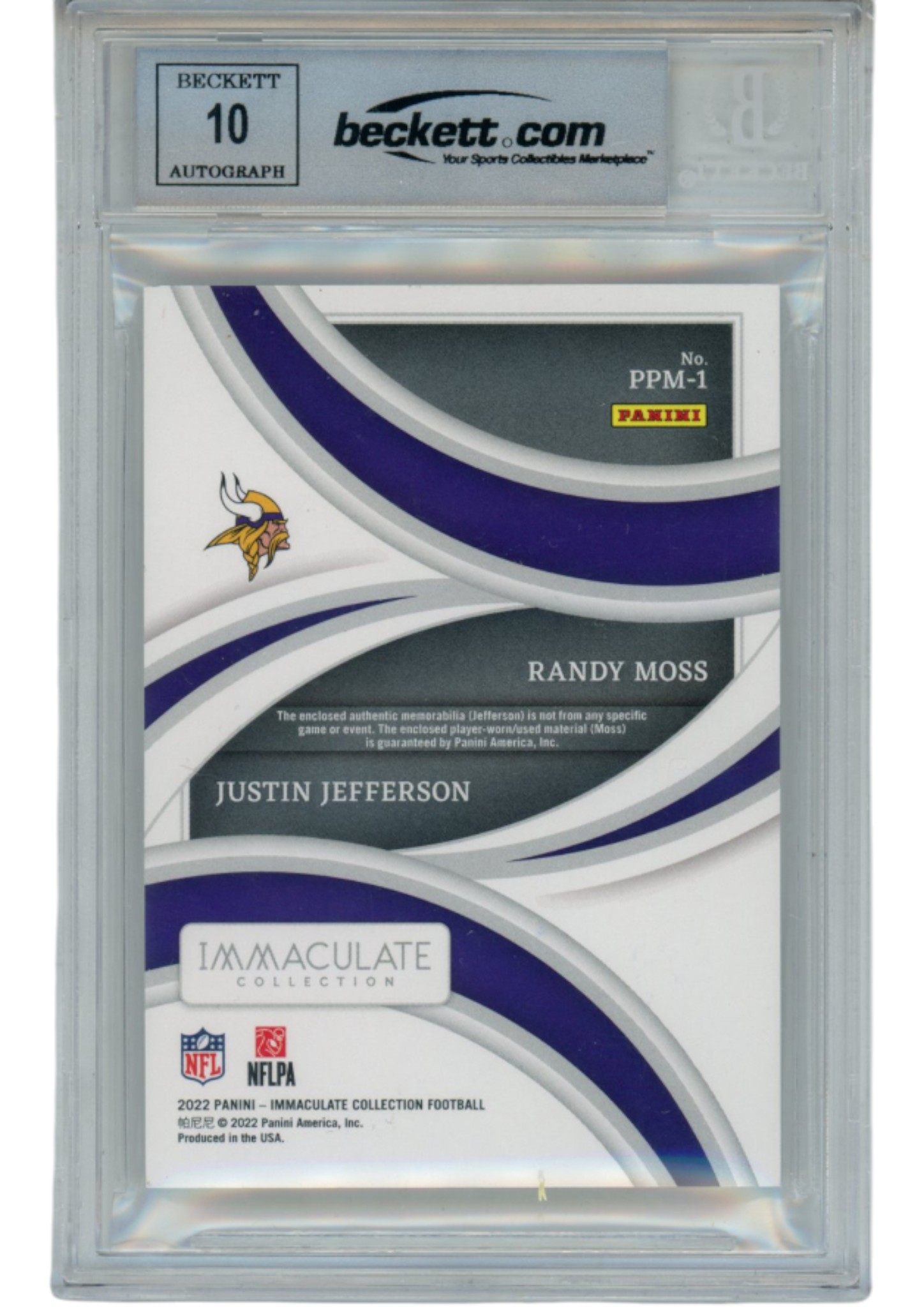 Justin Jefferson Randy Moss Autographed Immaculate #1 Slabbed Card Beckett 52718
