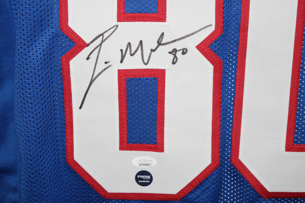Eric Moulds Autographed/Signed Pro Style Blue XL Jersey Bills Mafia JSA