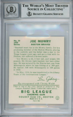 Joe Mowry Autographed 1934 Goudey '85 Reprint #59 Card Beckett 10 Slab