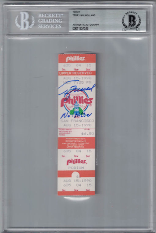 Terry Mulholland Signed Philadelphia Phillies Ticket No Hitter BAS Slab 25270