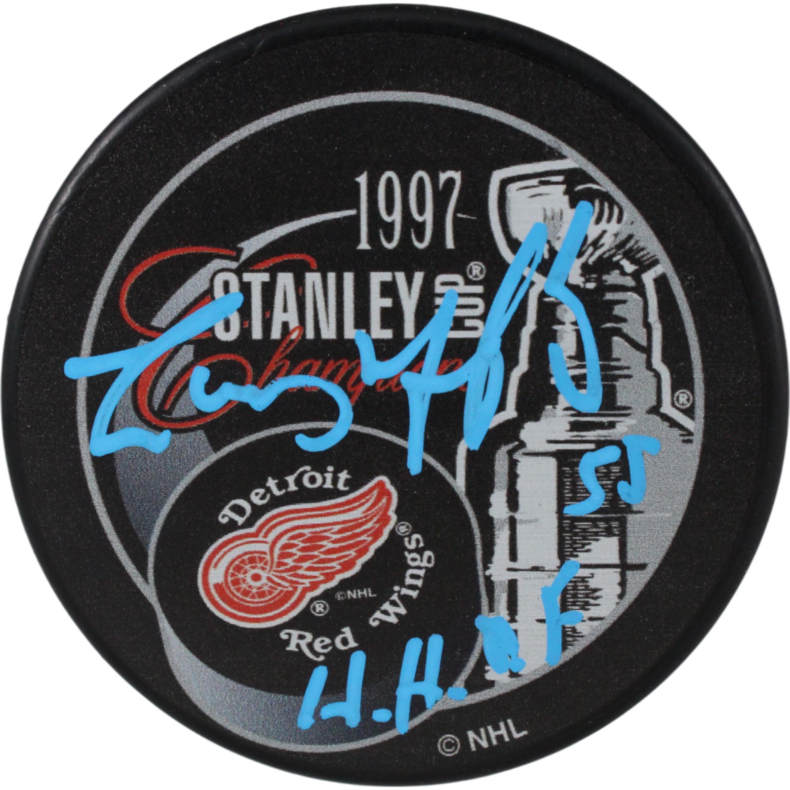 Larry Murphy Autographed Detroit Red Wings 1997 SC Champs Puck HOF JSA 53975