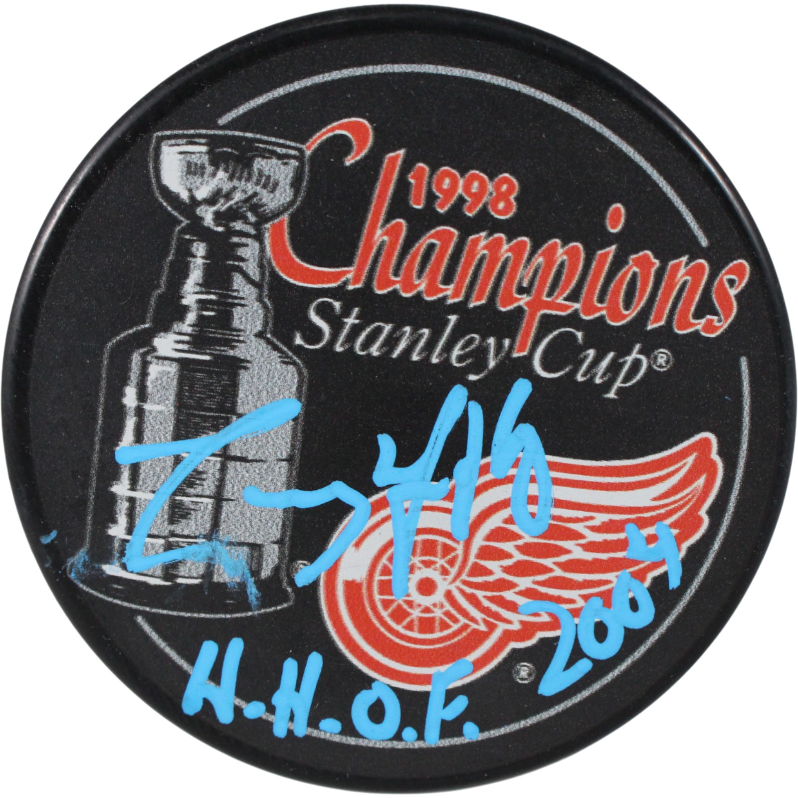 Larry Murphy Autographed Detroit Red Wings 1998 SC Champs Puck HOF JSA 53979 1 Larry Murphy Autographed Detroit Red Wings 1998 SC Champs Puck HOF JSA 53979