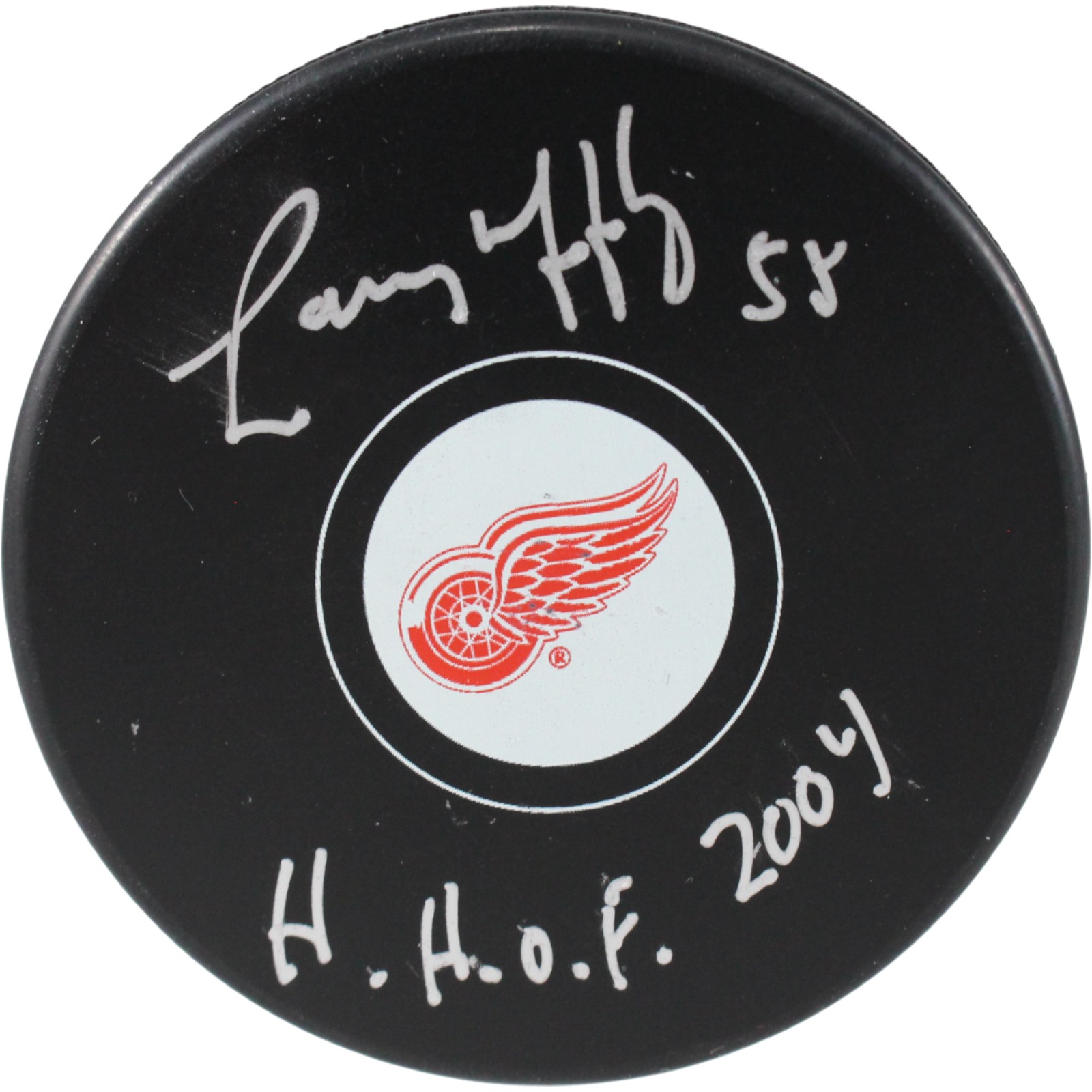 Larry Murphy Autographed/Signed Detroit Red Wings Logo Puck HOF JSA 53967