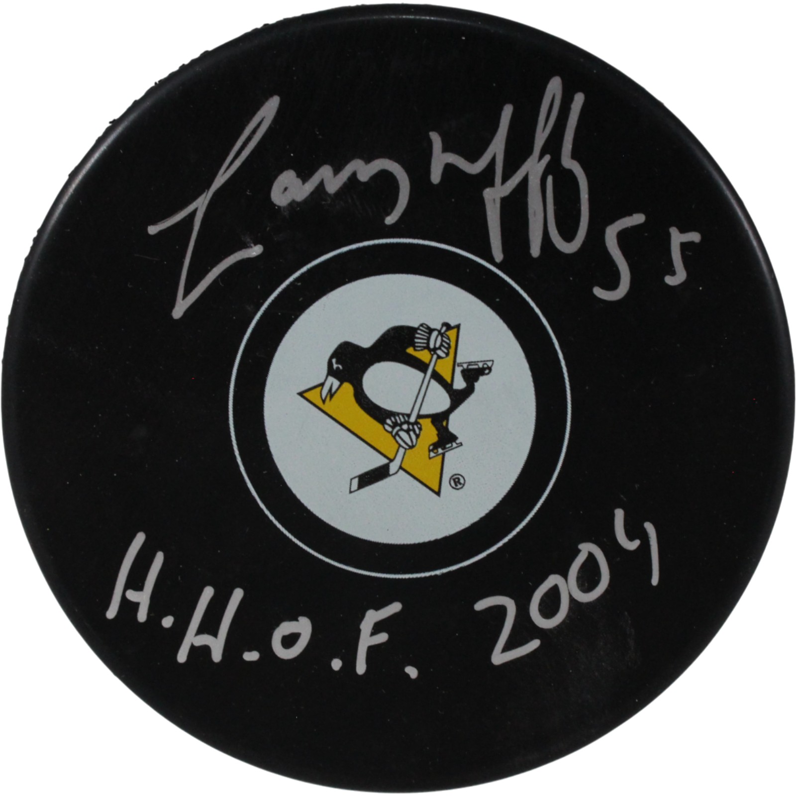 Larry Murphy Autographed/Signed Pittsburgh Penguins Logo Puck HOF JSA 53985