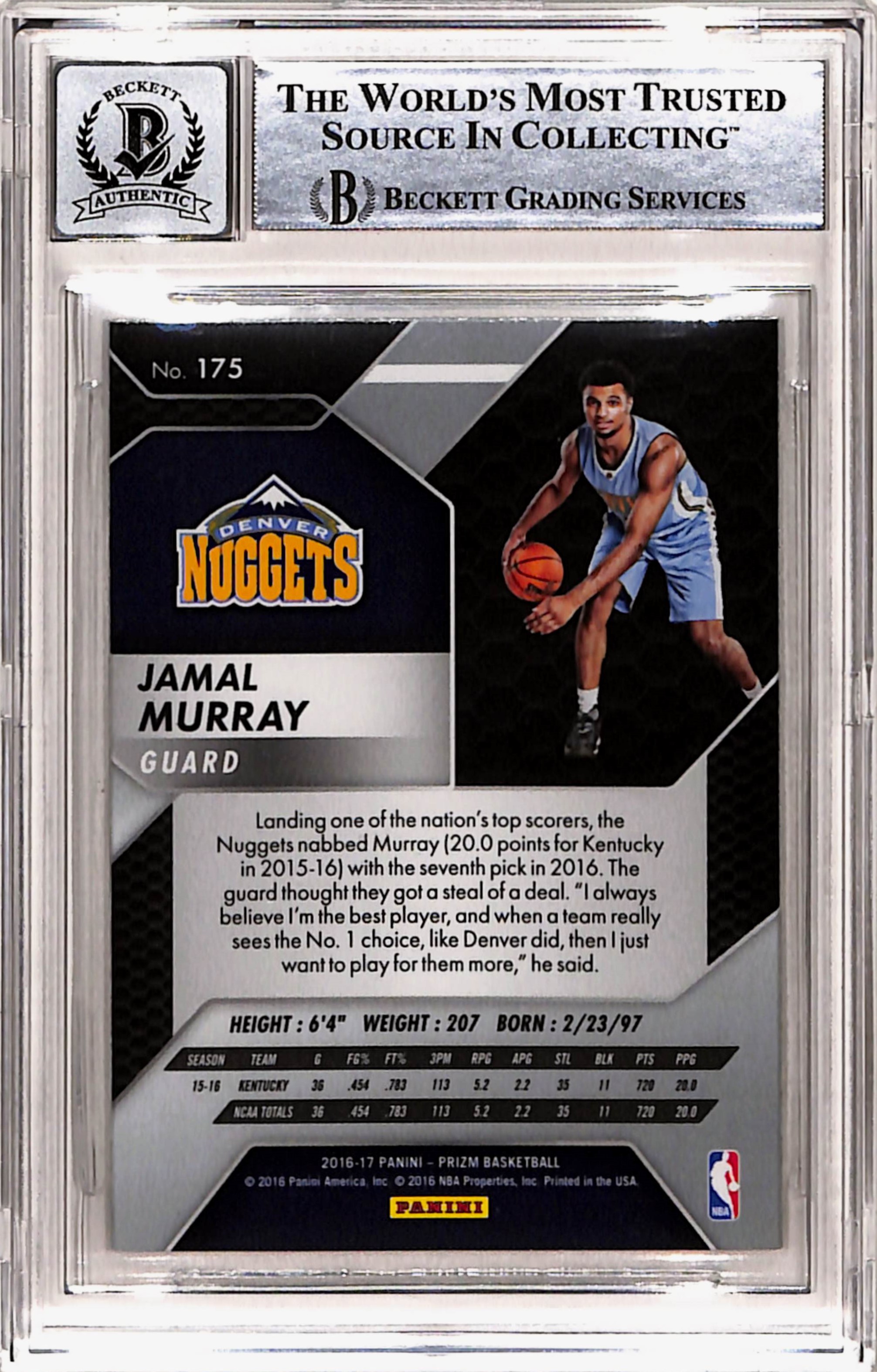 Jamal Murray Signed 2016 Prizm #175 Card Grade 10 Auto Slab Beckett 43291