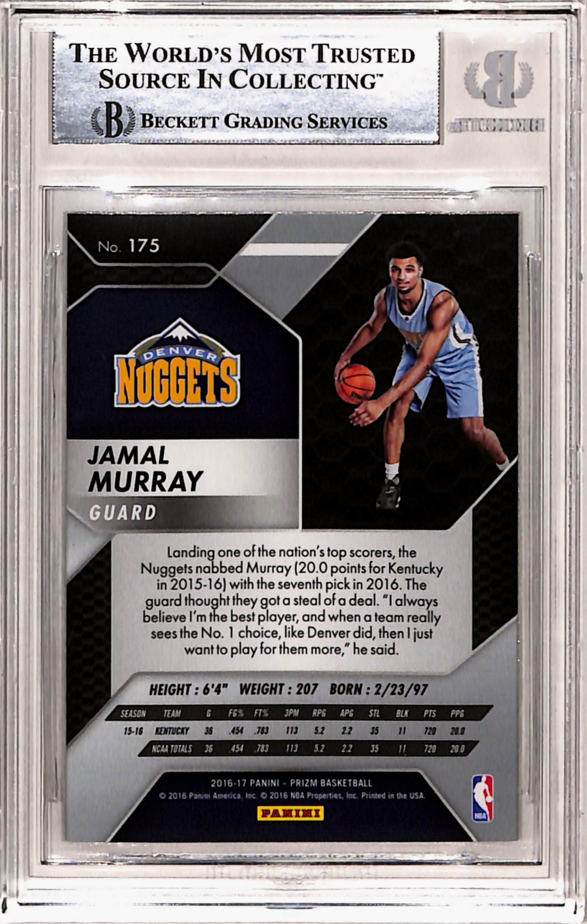 Jamal Murray Signed 2016 Prizm #175 Trading Card Slab Beckett 39638