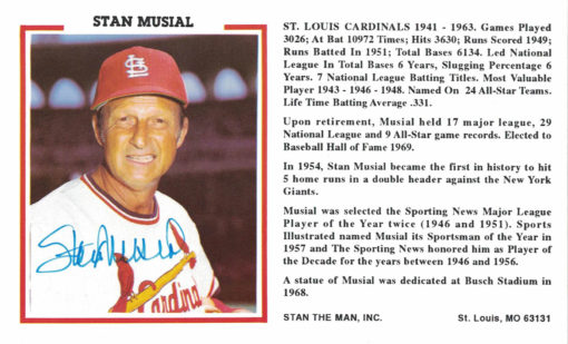 Stan Musial Autographed/Signed St Louis Cardinals 4x6 Stat Post Card BAS 27090