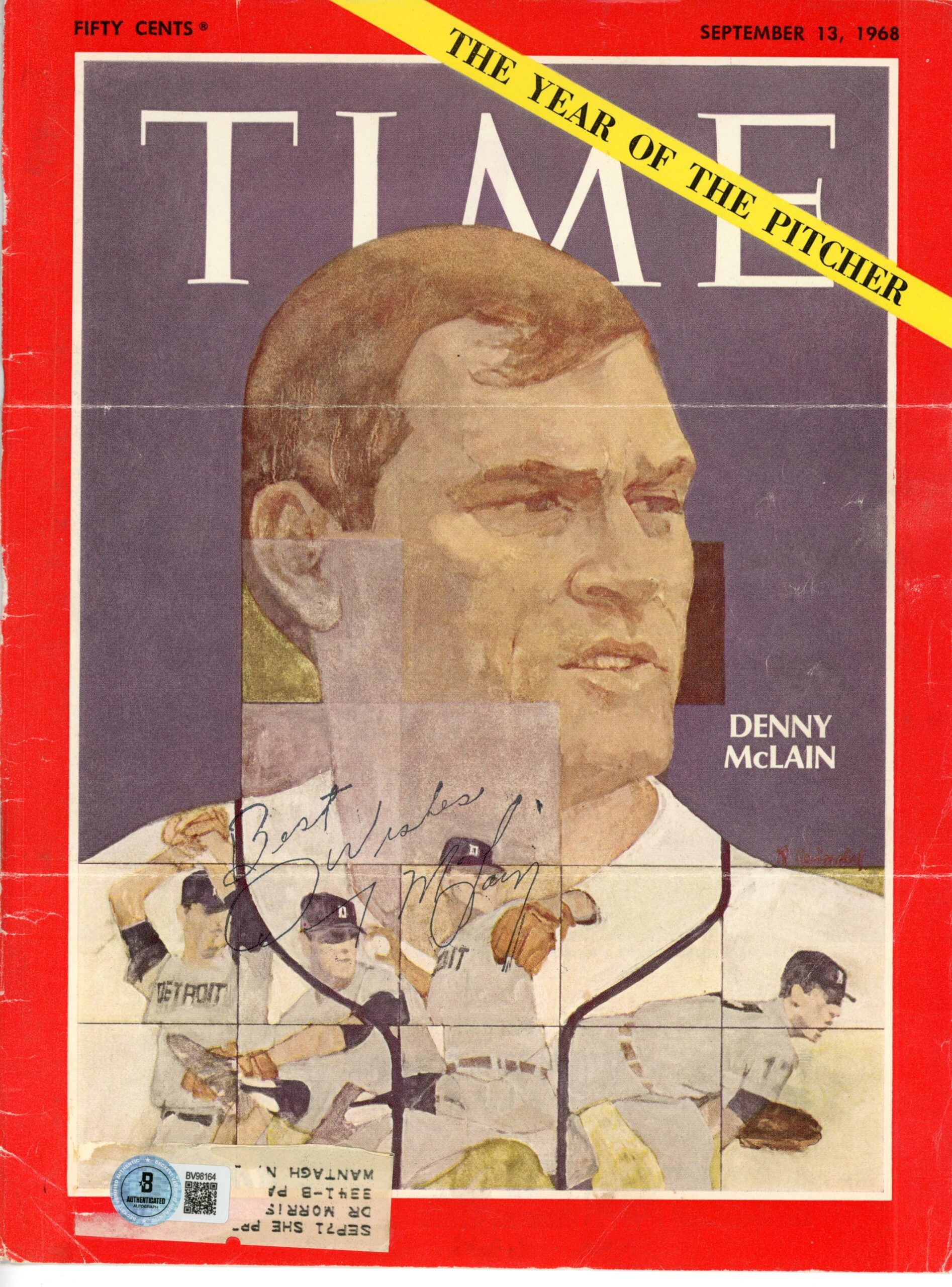 Denny McLain Signed Detroit Tigers 8x10 Time Magazine Cover Folded Beckett 56095