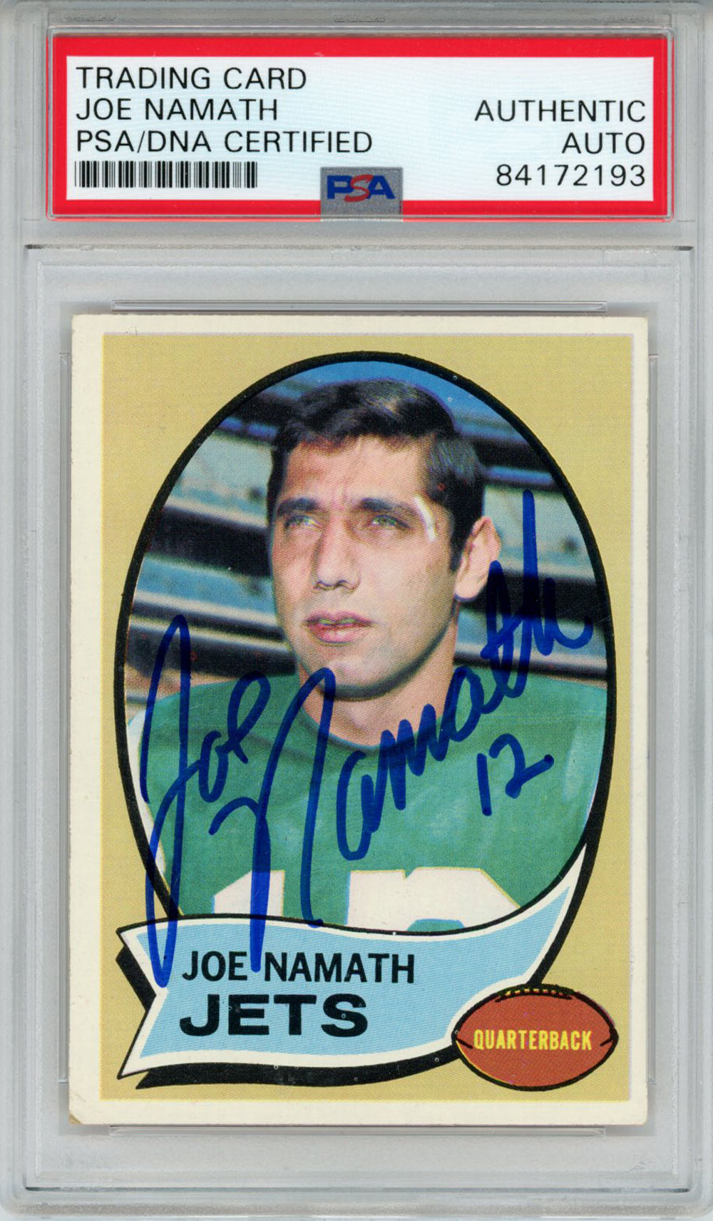 Joe Namath Signed 1970 Topps #150 Trading Card PSA Slab
