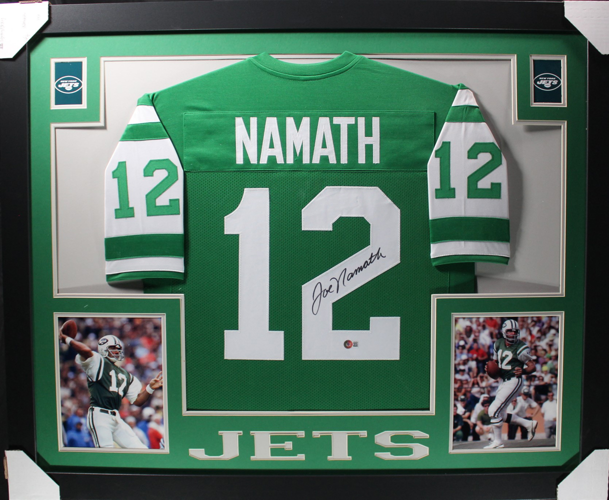 Joe Namath Autographed/Signed Pro Style Framed Green XL Jersey Beckett