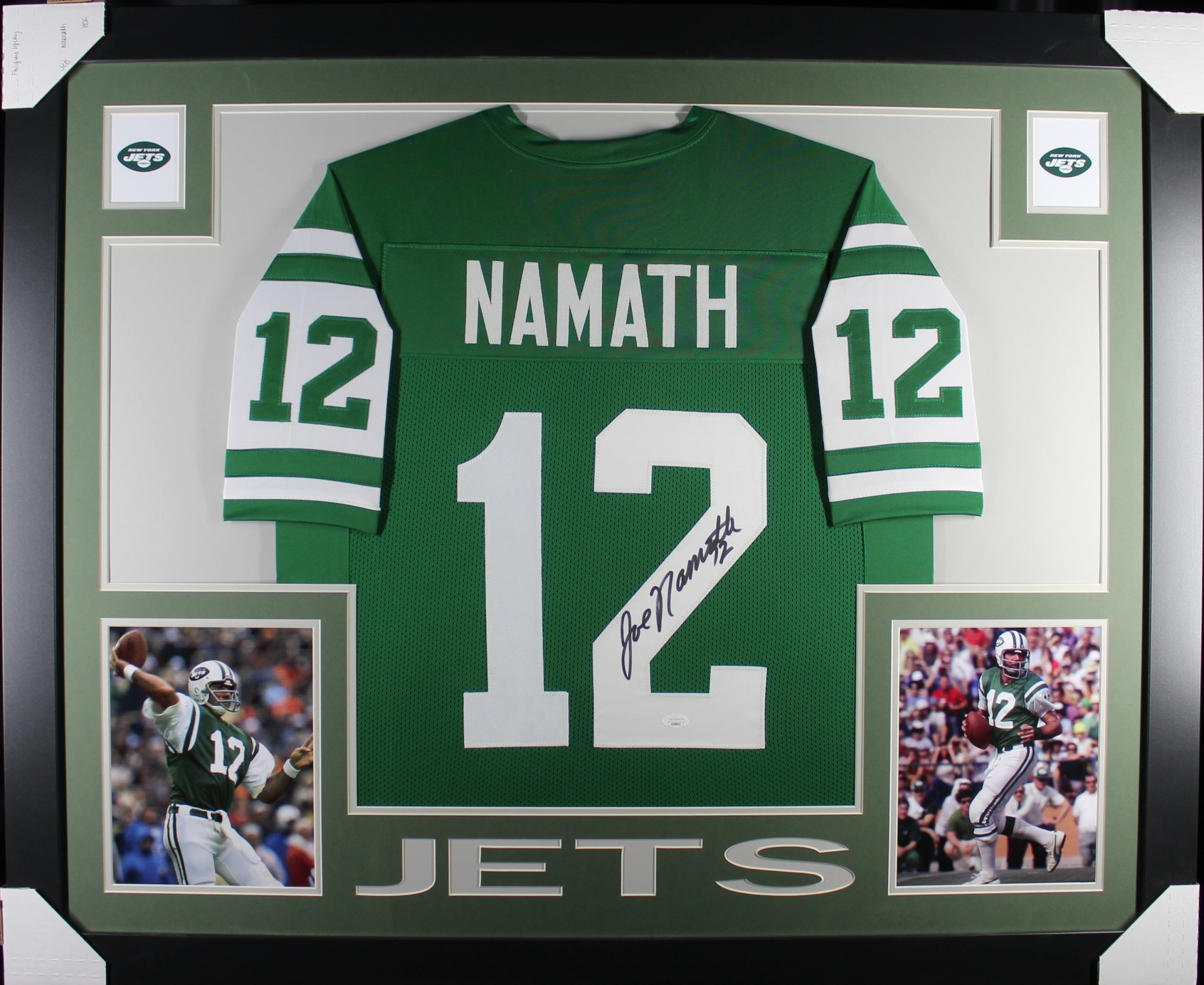 Joe Namath Autographed/Signed Pro Style Green XL Framed Jersey 35x43 JSA 53758