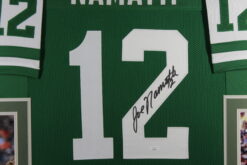 Joe Namath Autographed/Signed Pro Style Green XL Framed Jersey 35x43 JSA 53758