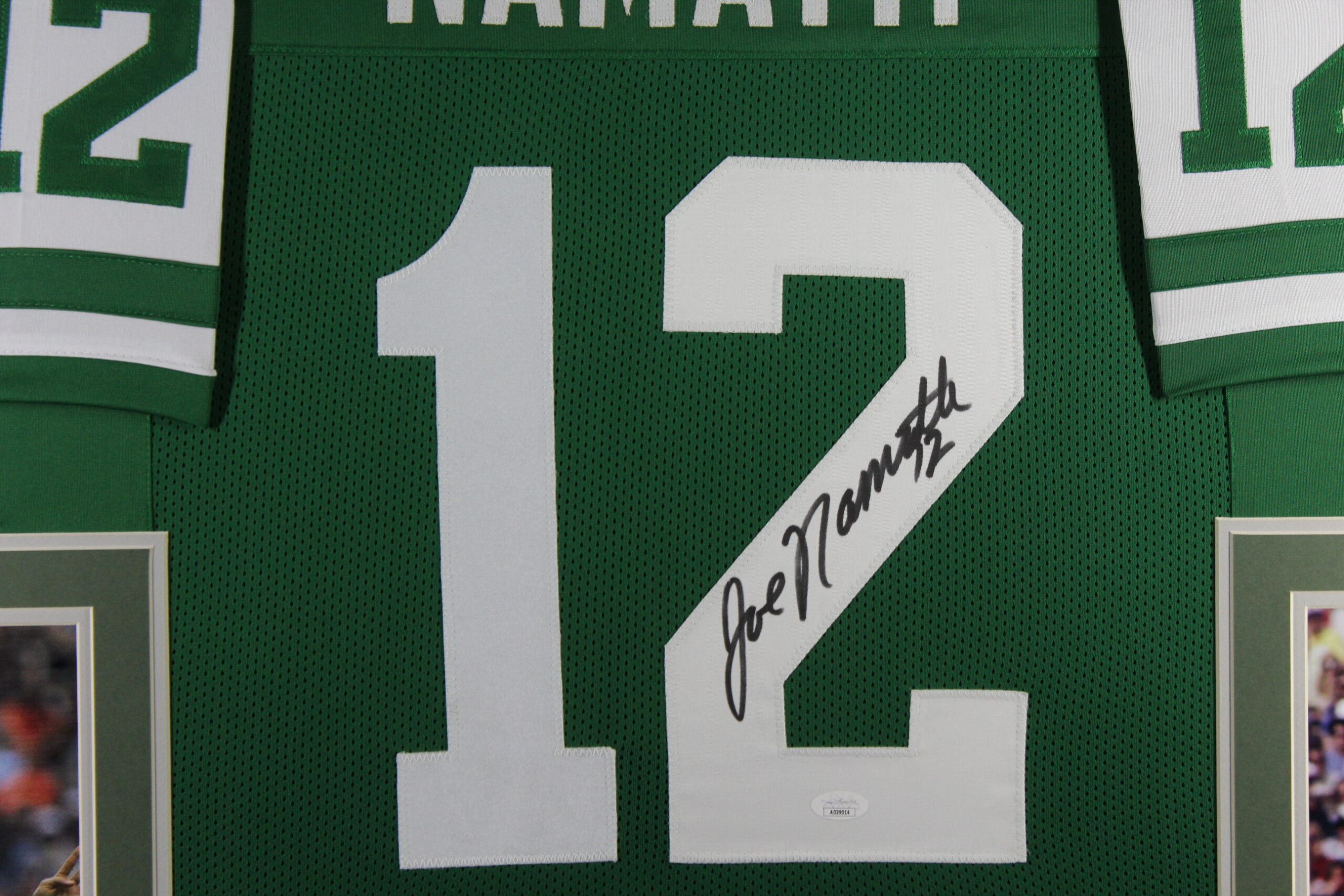 Joe Namath Autographed/Signed Pro Style Green XL Framed Jersey 35x43 JSA 53758 2 Joe Namath Autographed/Signed Pro Style Green XL Framed Jersey 35x43 JSA 53758
