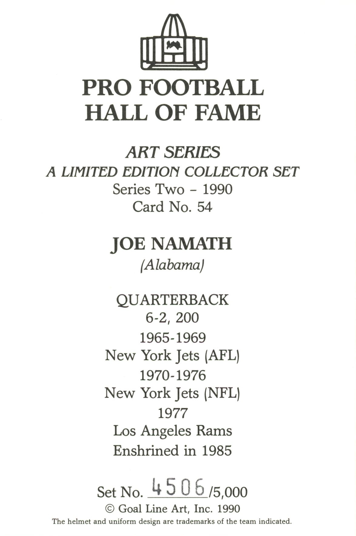Joe Namath New York Jets Goal Line Art Card Series 2 No Joe Namath New York Jets Goal Line Art Card Series 2 No. 54 LE /5000 58123