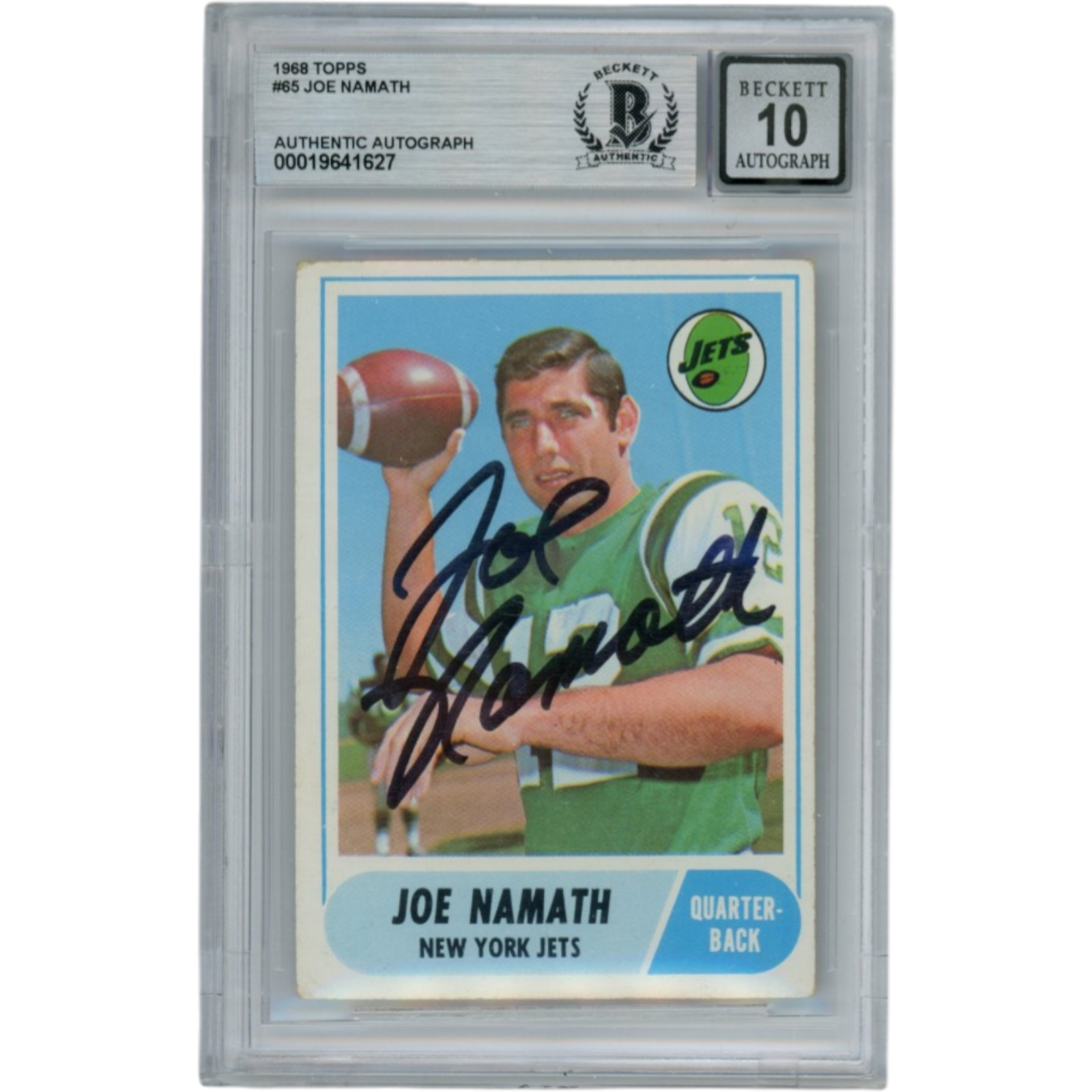 Joe Namath Autographed/Signed 1968 Topps #65 Slabbed Trading Card Beckett 53343
