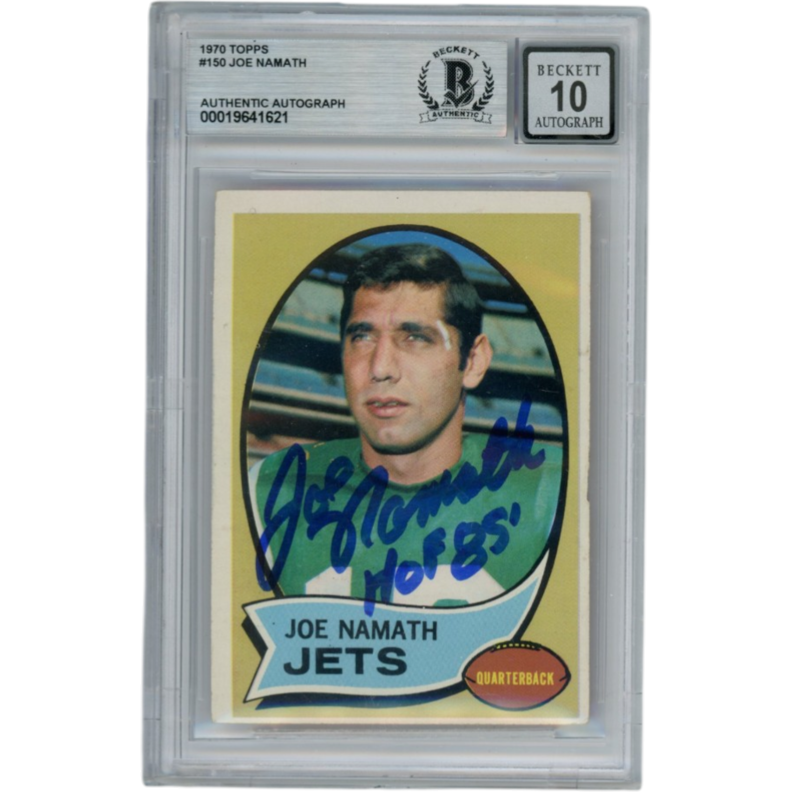 Joe Namath Autographed 1970 Topps #150 HOF Slabbed Trading Card Beckett 53336