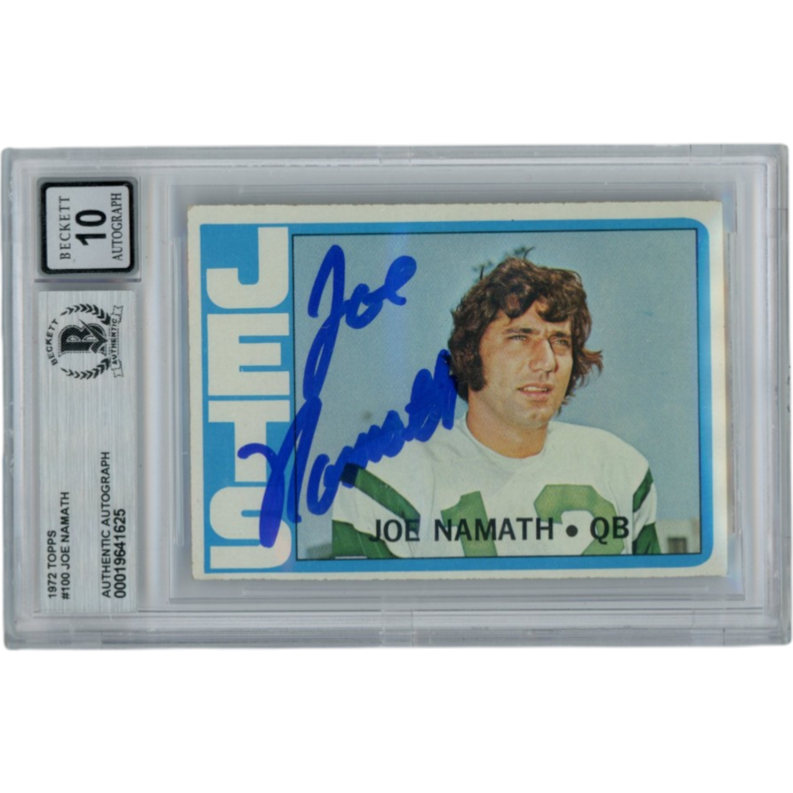 Joe Namath Autographed/Signed 1972 Topps #100 Slabbed Trading Card Beckett 53341