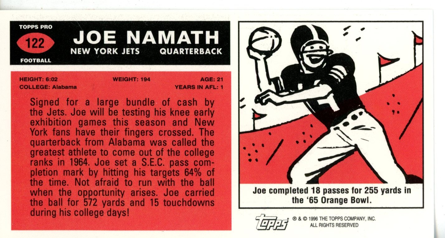 Joe Namath New York Jets 1996 Topps #122 1965 Reprint Tall Trading Card 55660 2 Joe Namath New York Jets 1996 Topps #122 1965 Reprint Tall Trading Card 55660