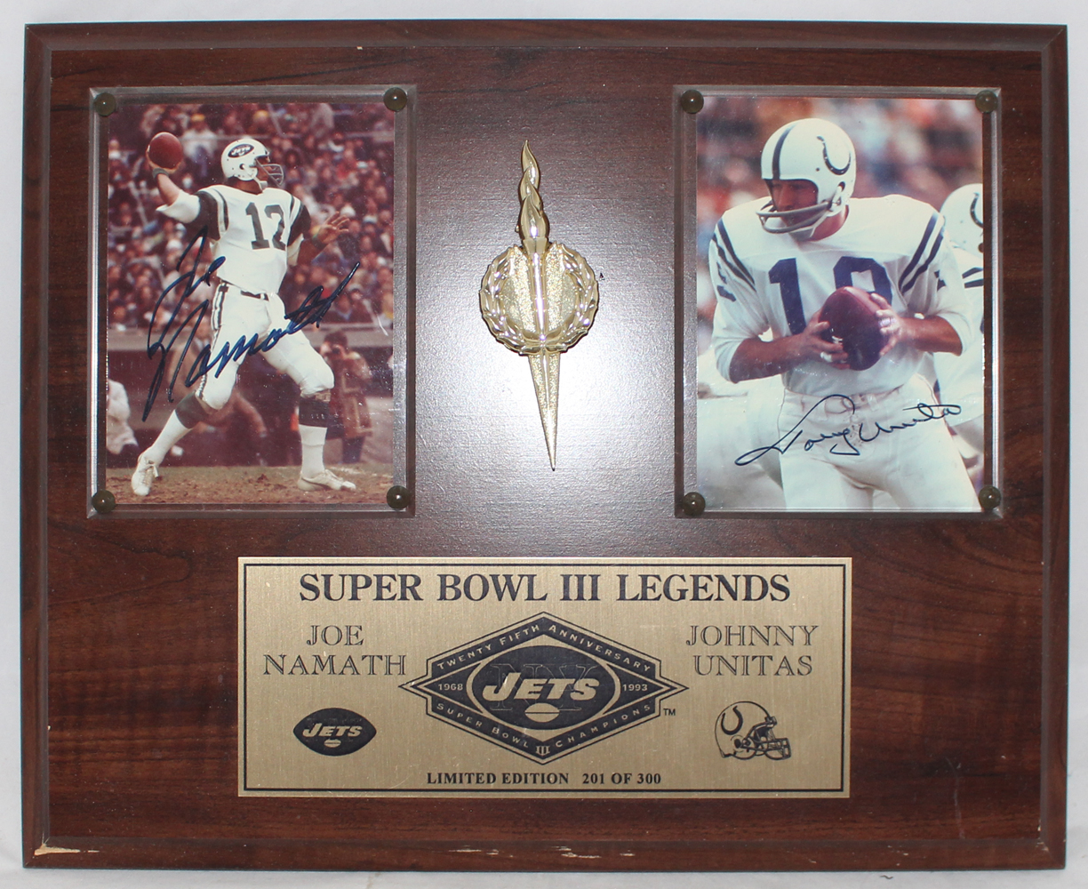 Johnny Unitas & Joe Namath Autographed Legends Wood Plaque BAS