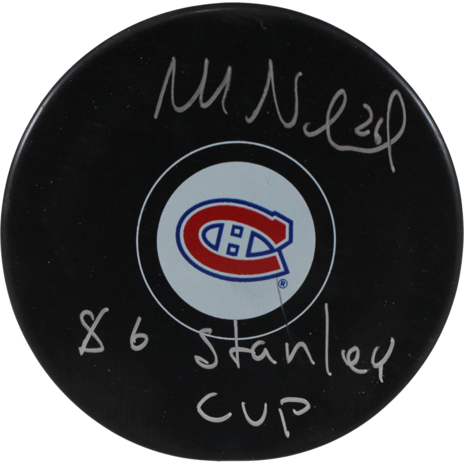 Mats Naslund Autographed Montreal Canadians Logo Puck 86 SC Champs Beckett 53972