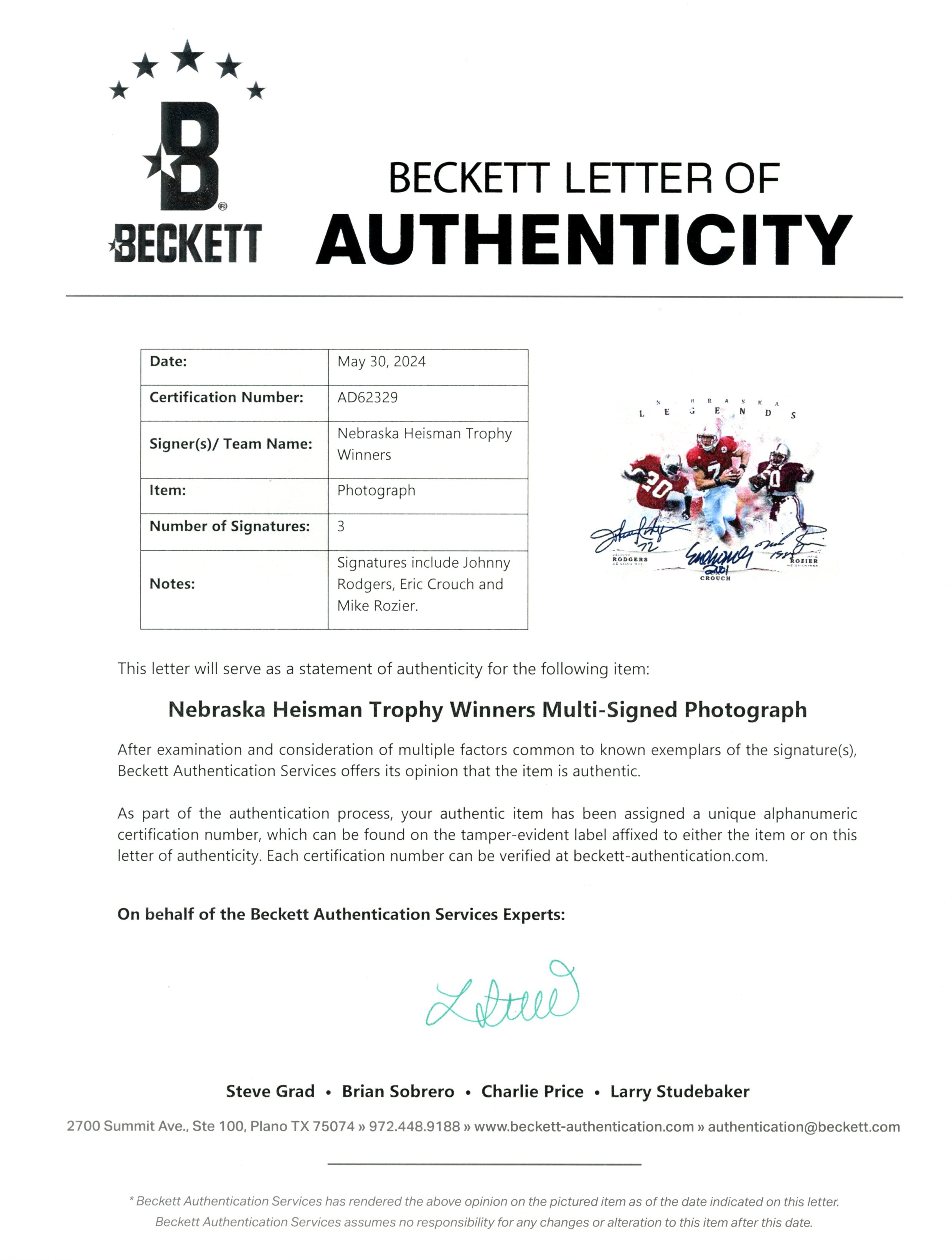 Eric Crouch Mike Rozier Johnny Rodgers Signed Nebraska 8x10 Photo Beckett 55405