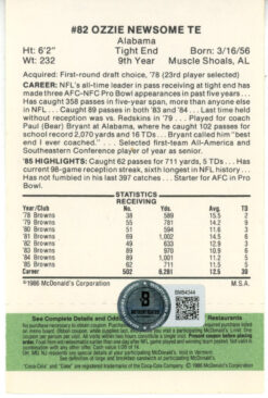 Ozzie Newsome Signed Cleveland Browns 1986 McDonald's Card Beckett 48237