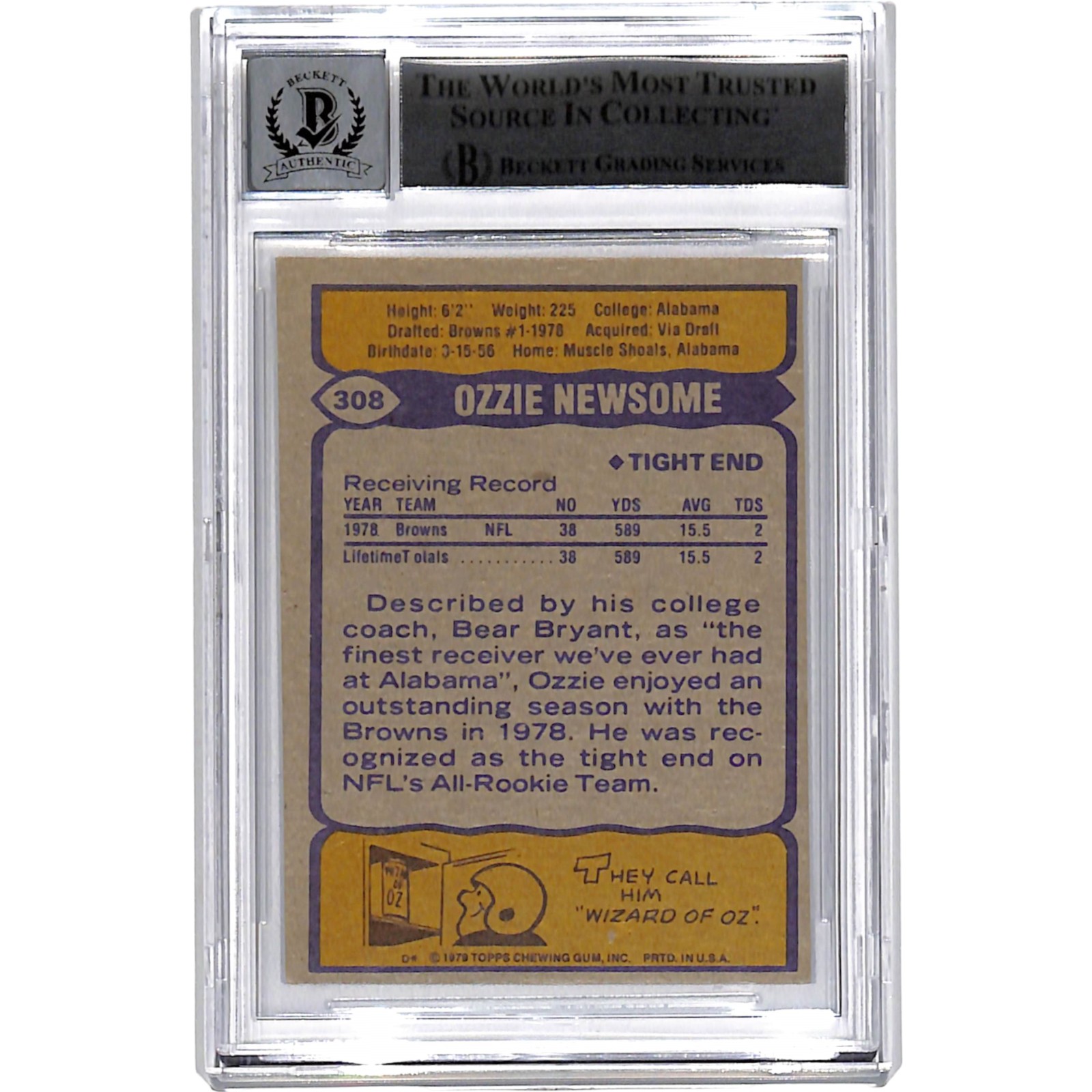Ozzie Newsome Signed 1979 Topps #308 Trading Card HOF Beckett 44551