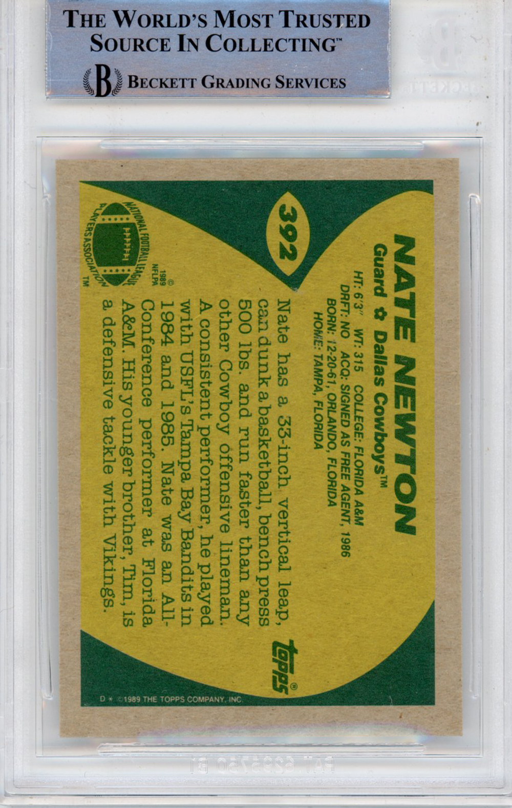 Nate Newton Autographed 1989 Topps #392 Slabbed BAS