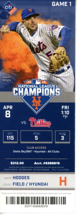 New York Mets Opening Day Ticket 4/8/2016 vs Philadelphia Phillies 55565