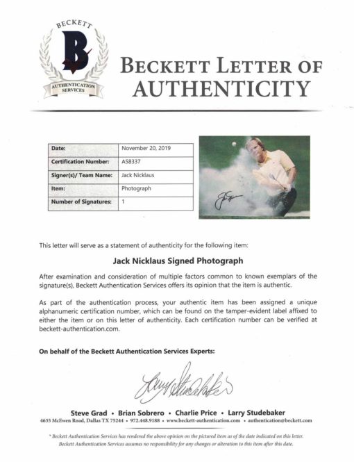 Jack Nicklaus Autographed/Signed Golf 8x10 Photo BAS LOA 26111