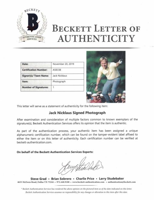 Jack Nicklaus Autographed/Signed Golf 8x10 Photo BAS LOA 26112