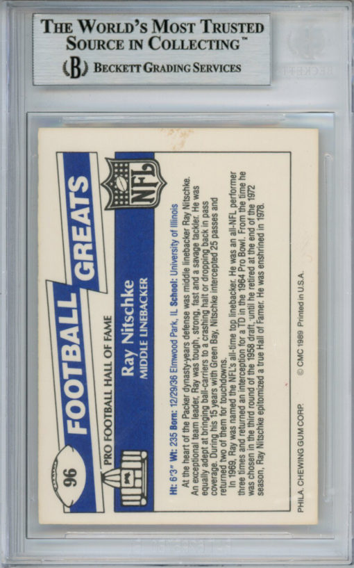 Ray Nitschke Autographed 1989 Swell #89 Trading Card Beckett Slab