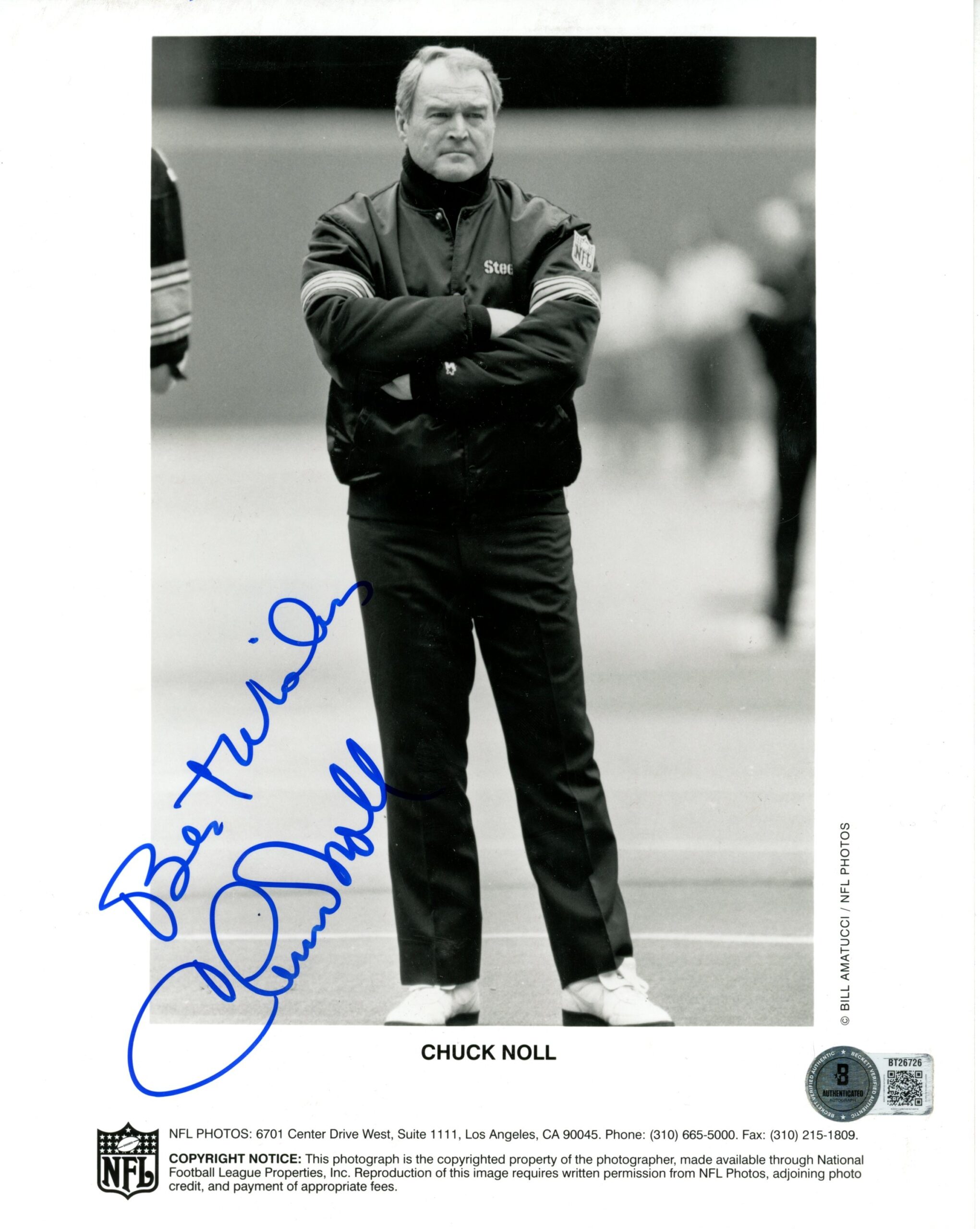 Chuck Noll Autographed Pittsburgh Steelers 8x10 Photo Best Wishes Beckett 56618