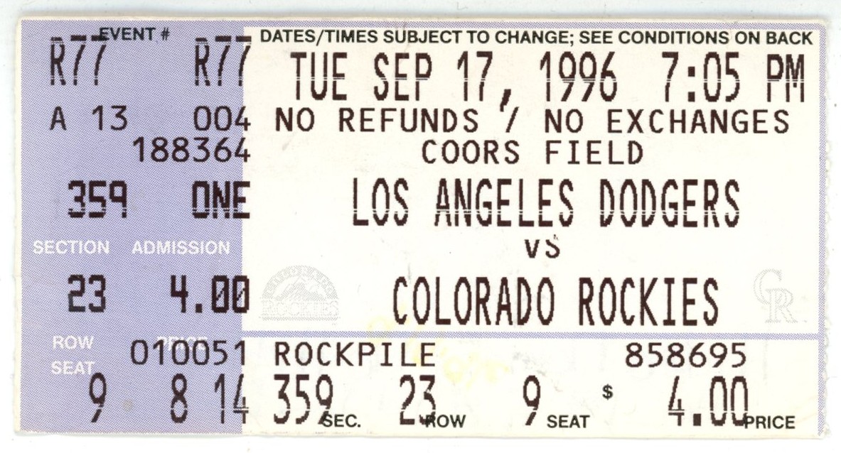 Hideo Nomo Los Angeles Dodgers 09/17/1996 No Hitter Ticket Stub 56240