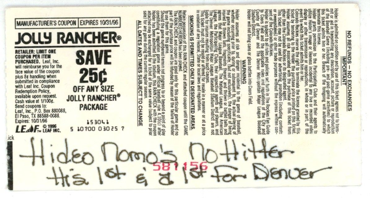 Hideo Nomo Los Angeles Dodgers 09/17/1996 No Hitter Ticket Stub 56240