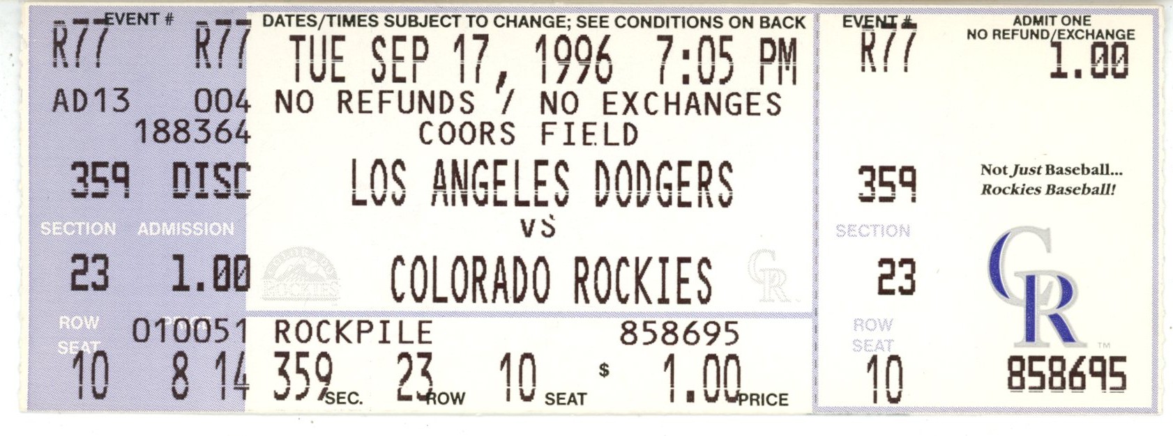Hideo Nomo Los Angeles Dodgers 09/17/1996 No Hitter Full Ticket 56241