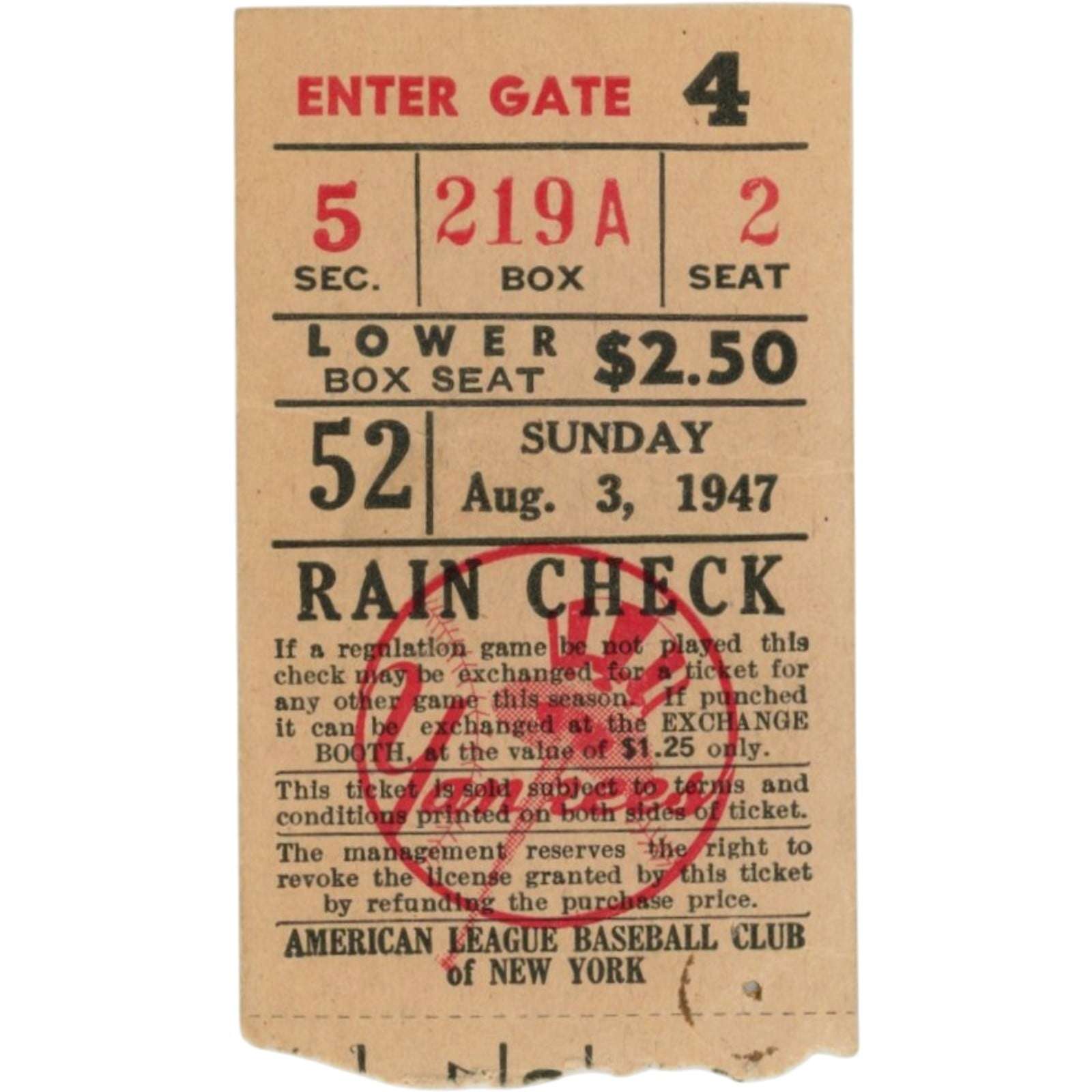 Unautographed Ticket Stub New York Yankees vs Cleveland 1947 Game 52 58742