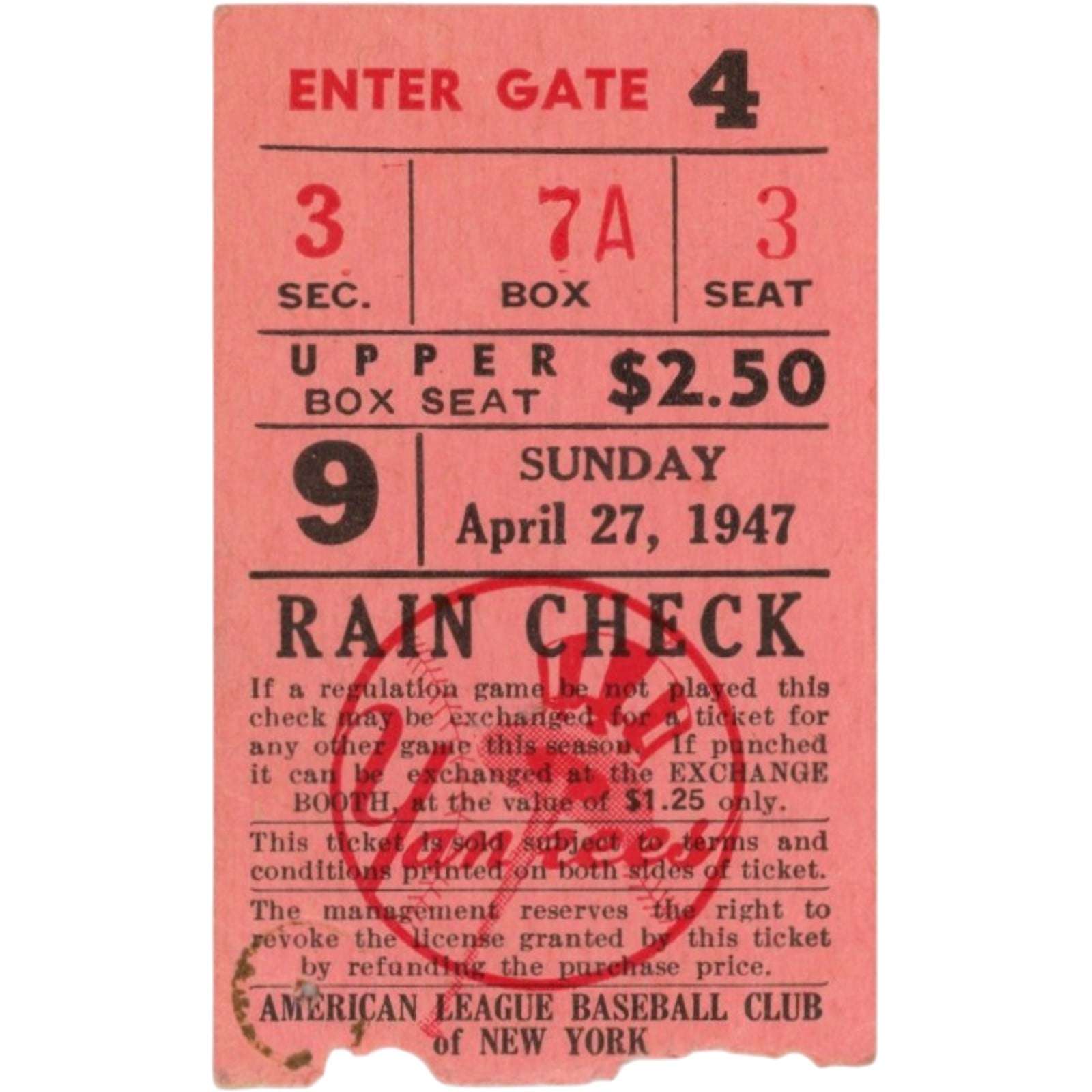 Unautographed Ticket Stub New York Yankees vs Senators 47 Babe Ruth Day 58737