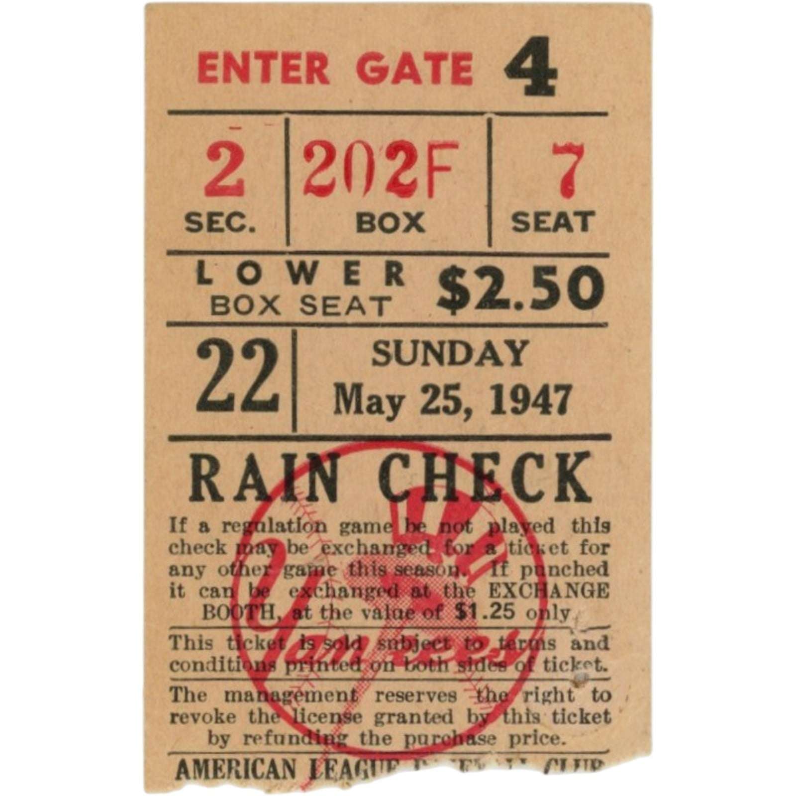 Unautographed Ticket Stub New York Yankees vs Boston Red Sox 1947 game 22 58739
