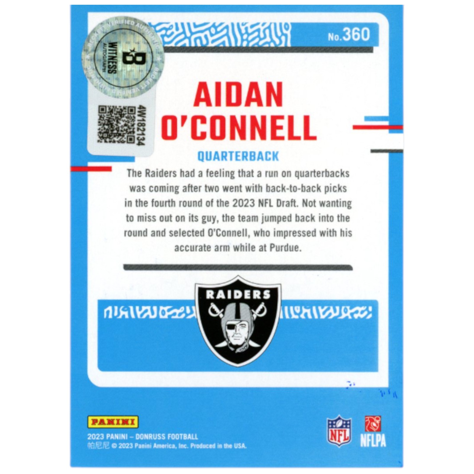 Aidan O'Connell Autographed 23 Donruss Rated Rookie #360 Card Beckett 53243 2 Aidan O'Connell Autographed 23 Donruss Rated Rookie #360 Card Beckett 53243