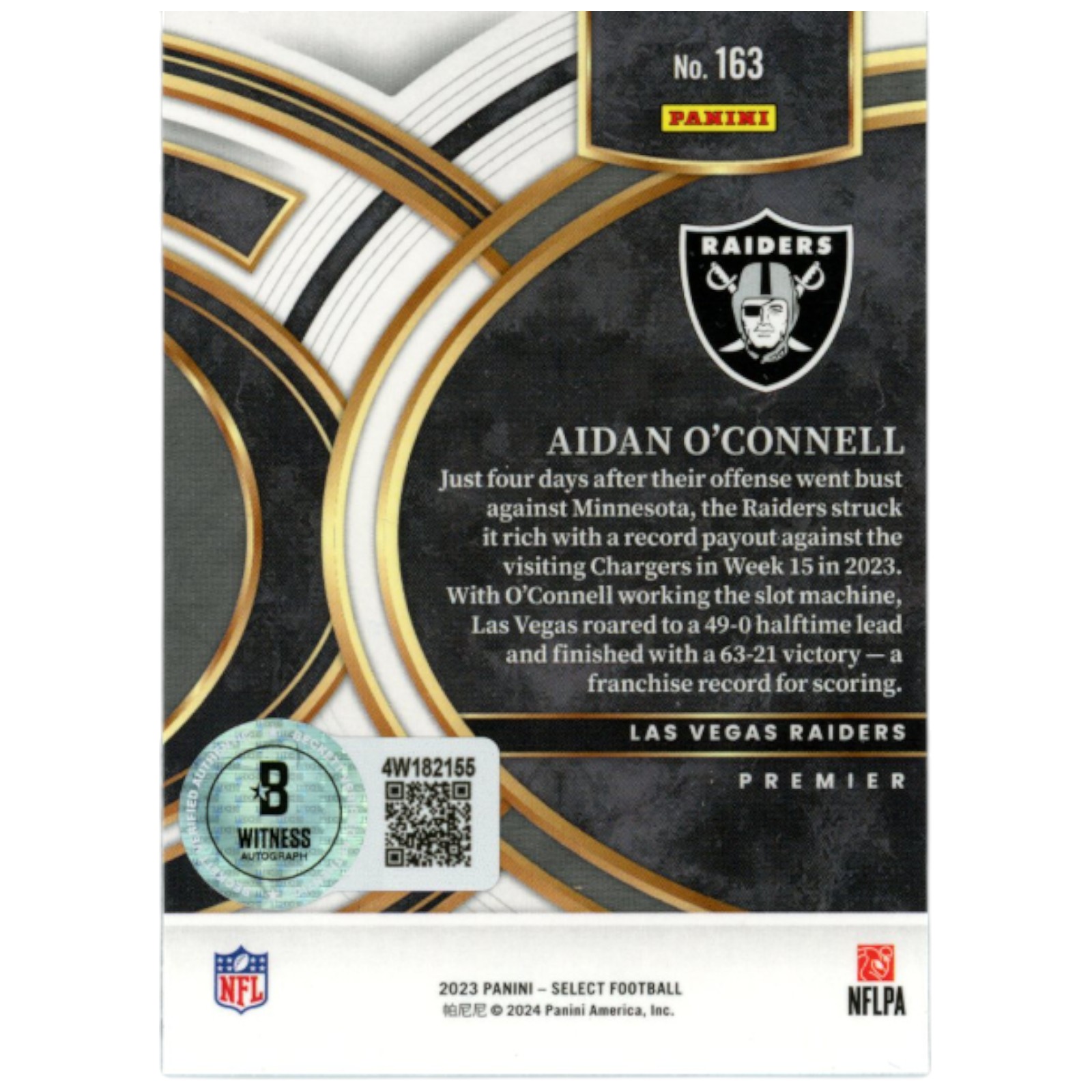 Aidan O'Connell Autographed/Signed 23 Select #163 Trading Card Beckett 53250 2 Aidan O'Connell Autographed/Signed 23 Select #163 Trading Card Beckett 53250